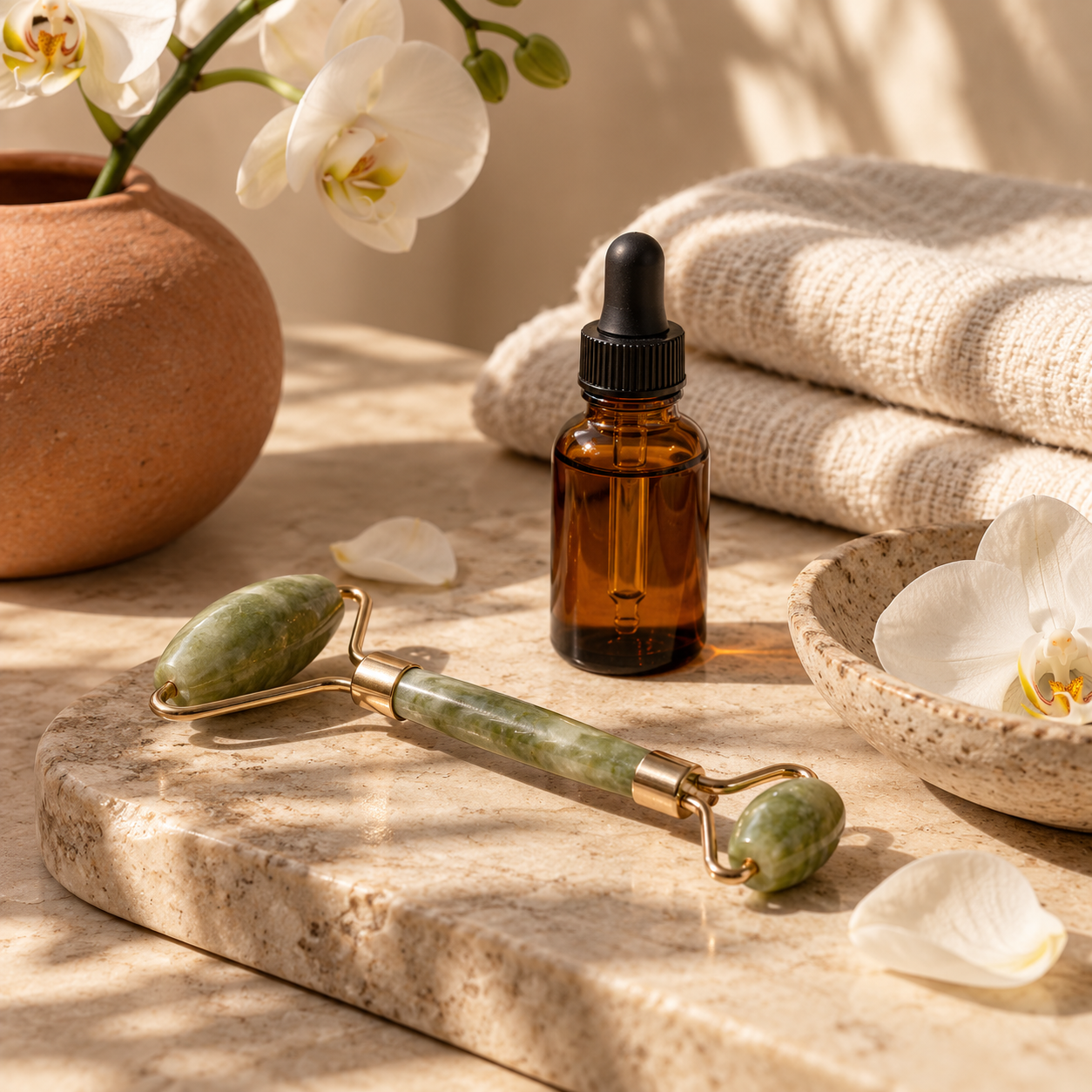 Illustrative spa flat lay with roller, serum, and orchid petals